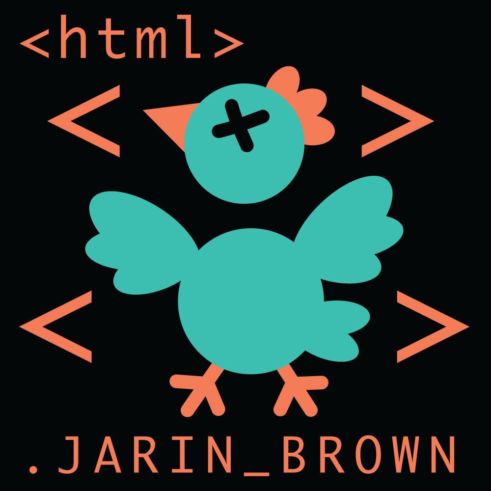 An image of a cartoon chicken with its head cut off by the html head and body elements, with the name Jarin Brown written beneath