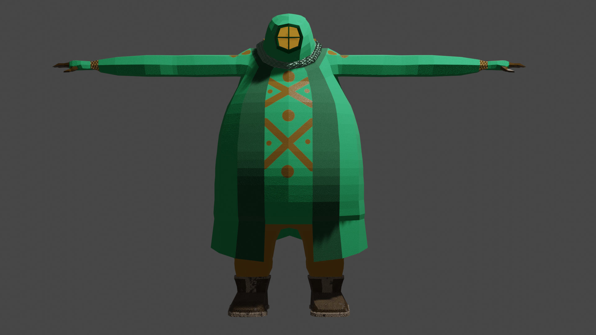 A low-polygon 3D model of a girl wearing an oversized green diving suit.
