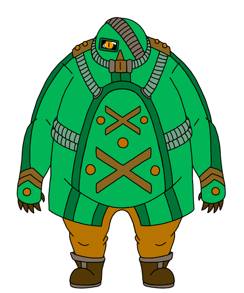 A drawing of a girl wearing an oversized green diving suit.