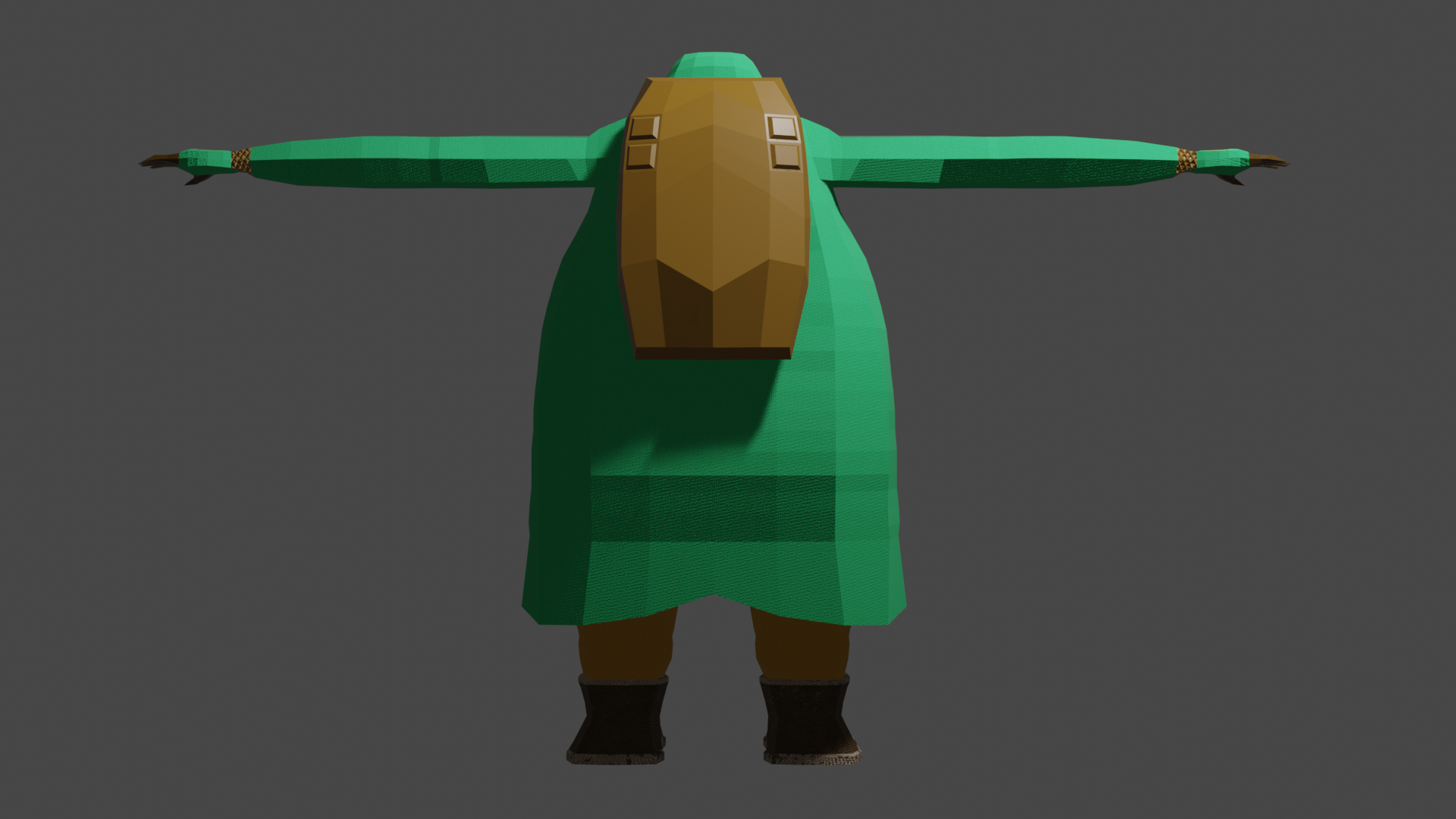 A back view of a low-polygon 3D model of a girl wearing an oversized green diving suit.