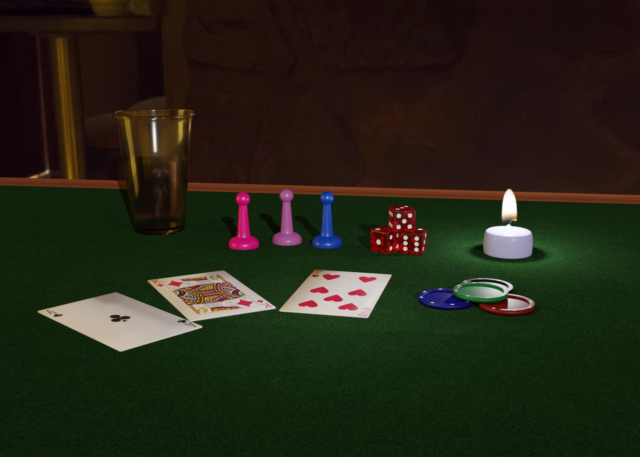 A 3D scene of various game pieces, dice, and playing cards on a card table.
