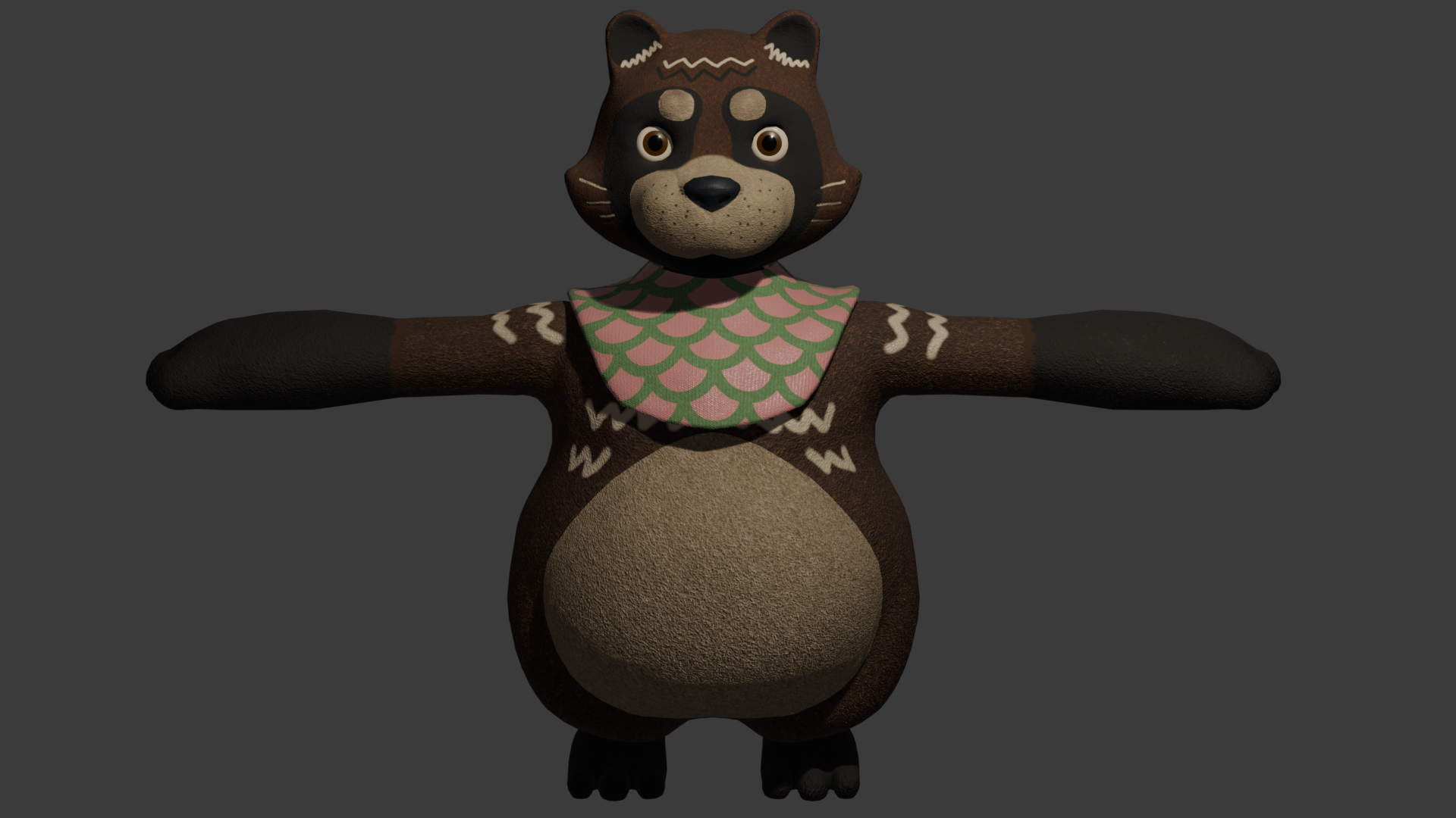A 3D model of a brown tanuki wearing a green and pink scarf.
