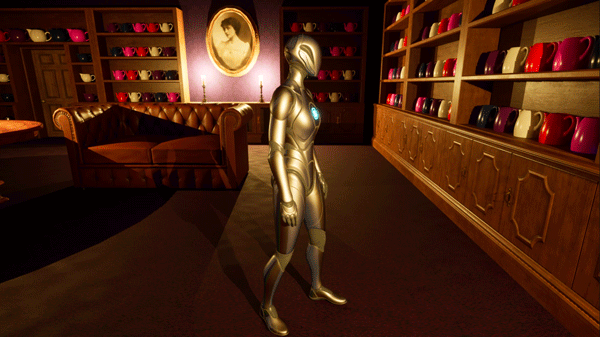 A screenshot of a placeholder 3D model standing in a room full of shelves lined with teapots.