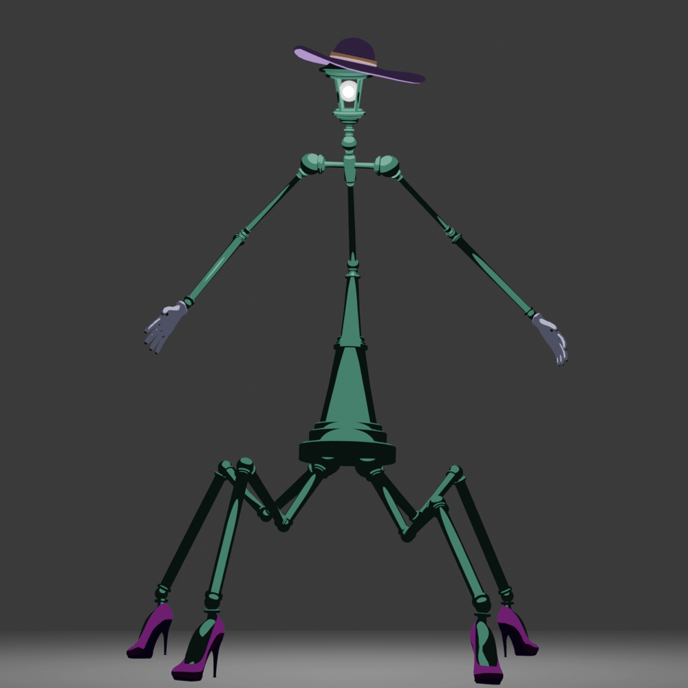 A 3D model of a green street lamp with two arms, four spider-like legs ending in pink high heels, wearing a purple sun hat.
