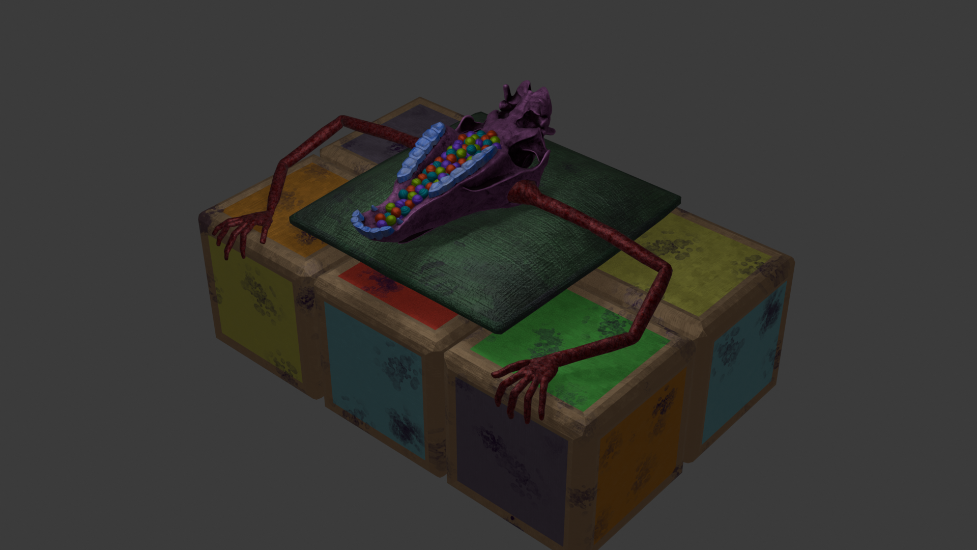 A 3D model of a purple horse skull filled with candy and with long, red arms coming out of its eye sockets, sitting on some dirty building blocks.