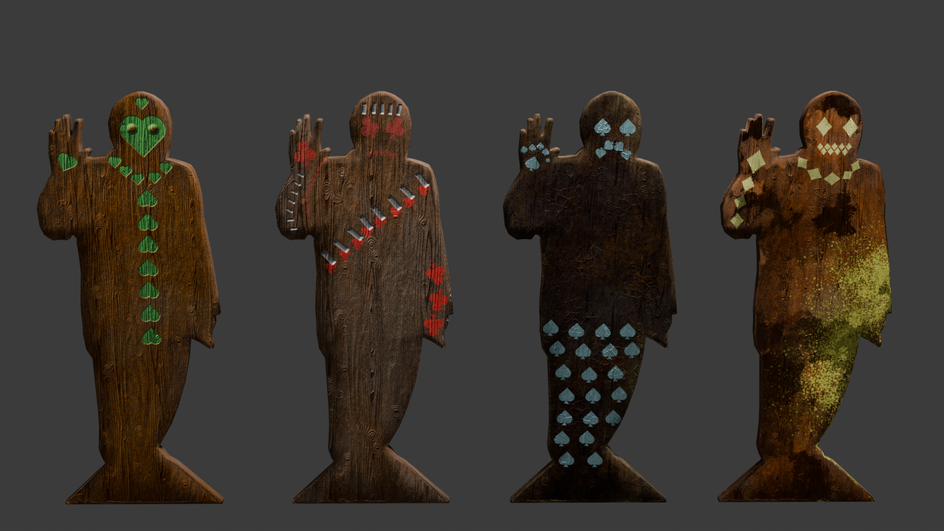 The front view of four 3D models of flat, wooden figures