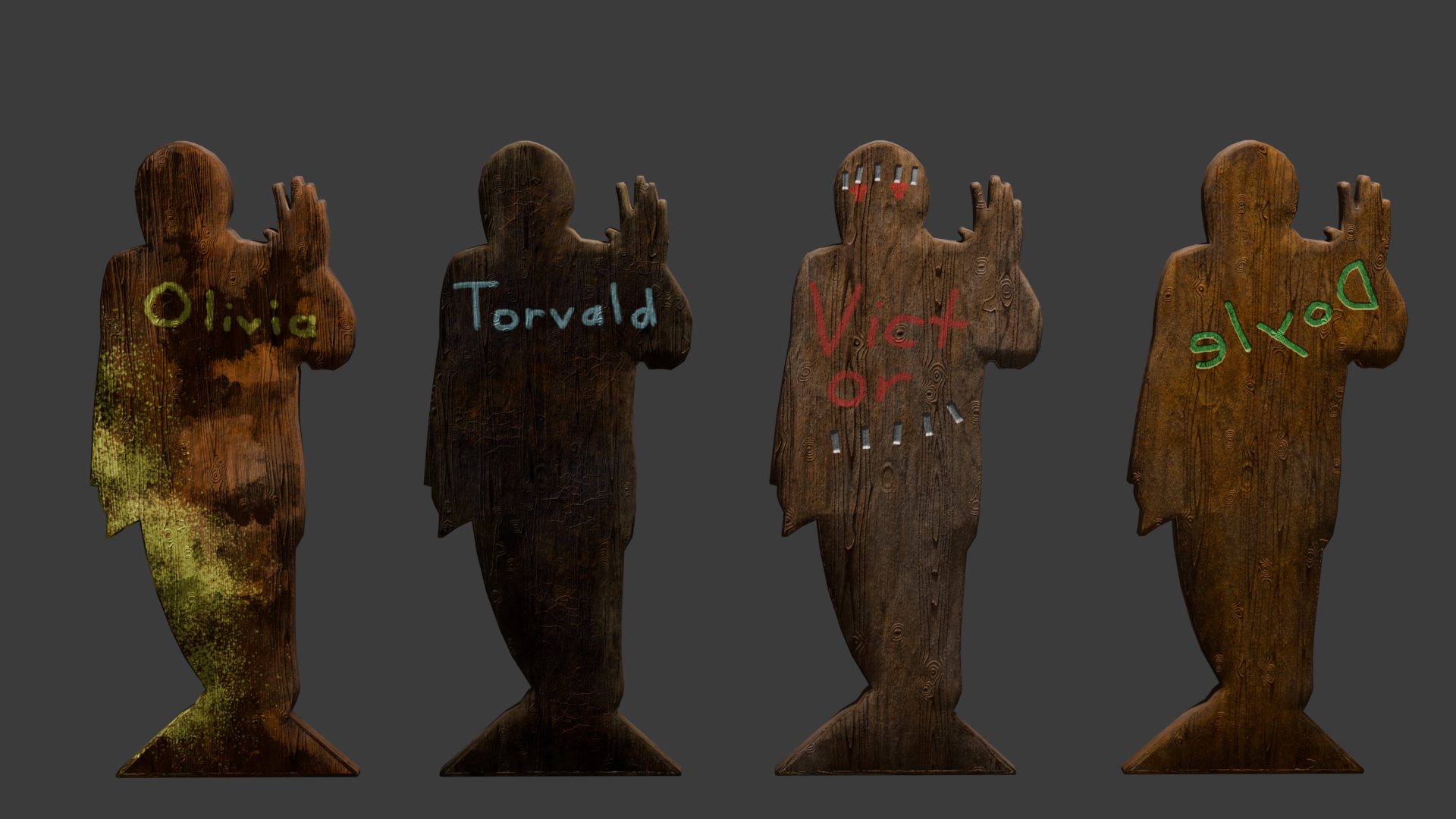 The back view of four 3D models of flat, wooden figures