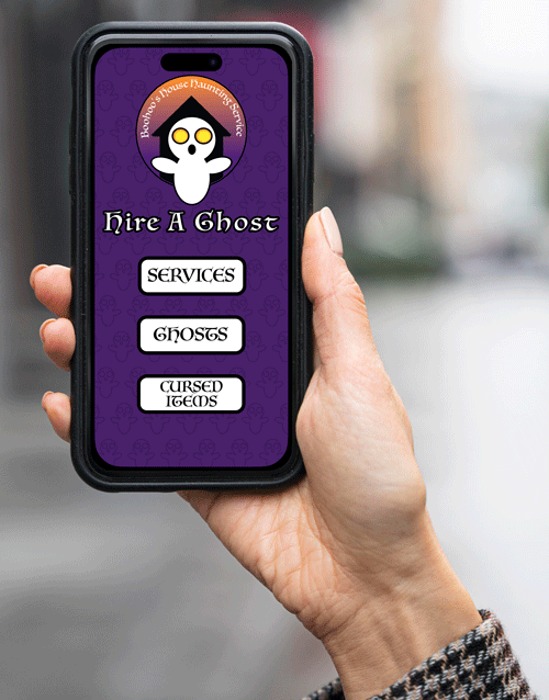 A picture of a hand holding up a phone to show off an app for Boohoo's House Haunting Service