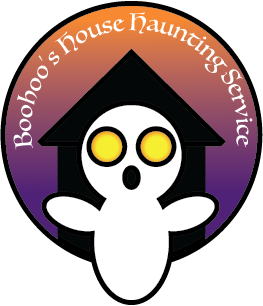 A logo for a fictional company called Boohoo's House Haunting Service