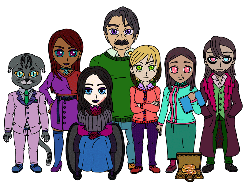 A drawing of several characters in a chibi anime style.