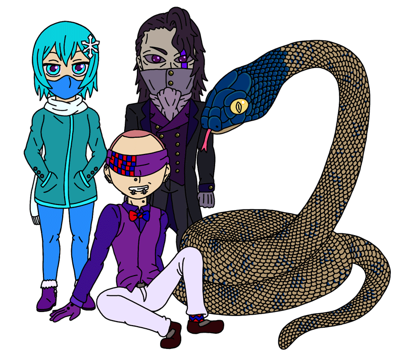 A drawing of a man dressed in a dark purple coat surrounded by his three minions, all done in chibi anime style.