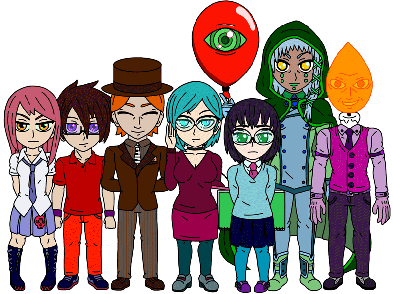 A drawing of a group of villains done in chibi anime style.