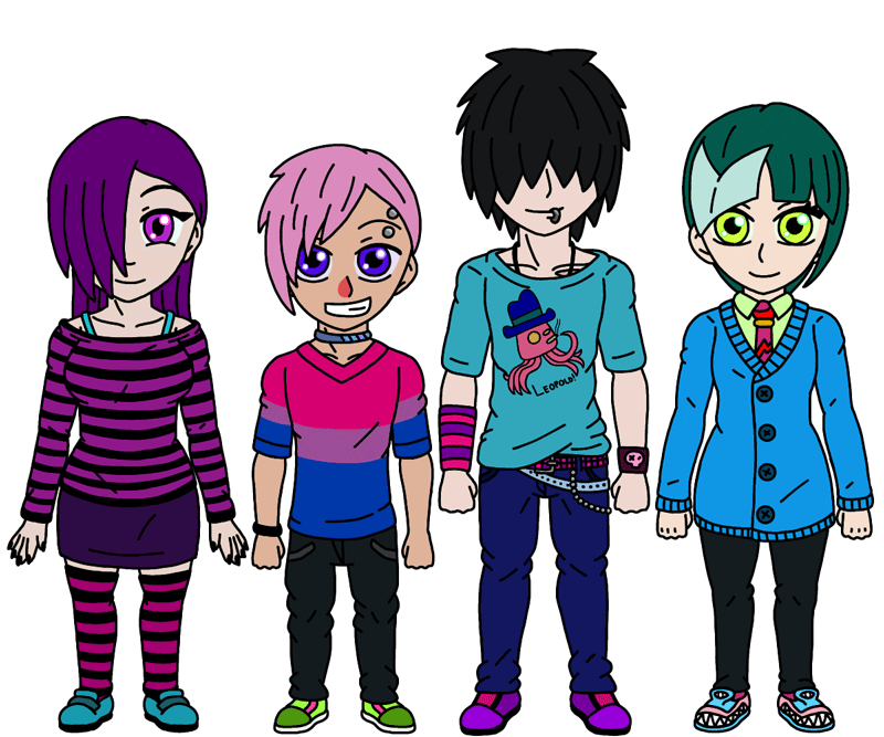 A drawing of four teenagers done in a chibi anime style.