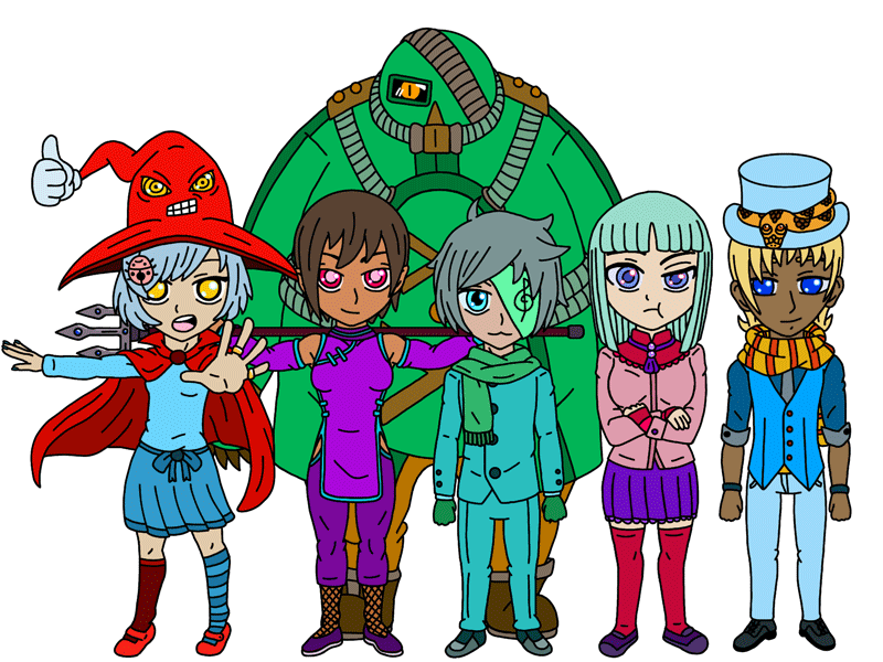 A drawing of a group of teenagers drawn in a chibi anime style.