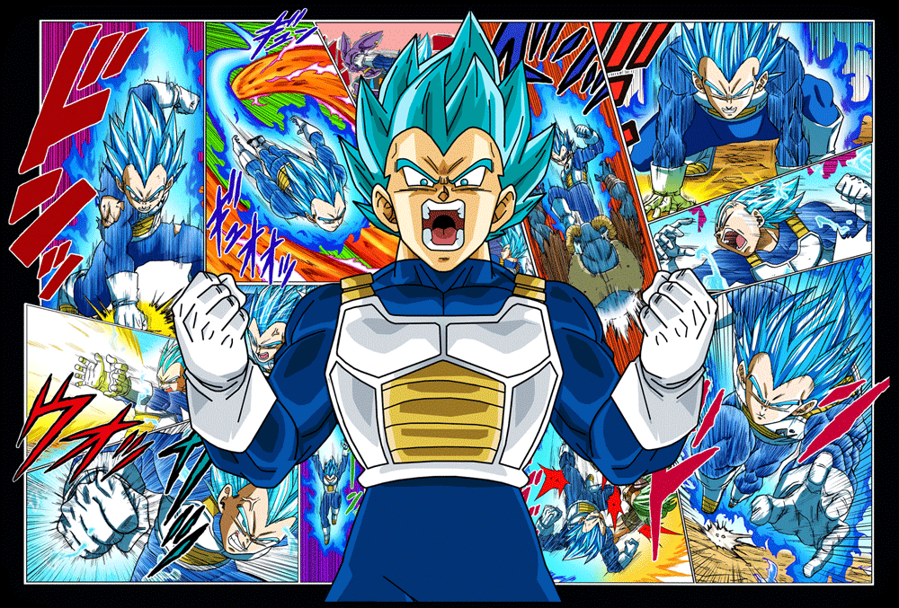 A collage of pictures of Vegeta from the manga Dragon Ball Super.