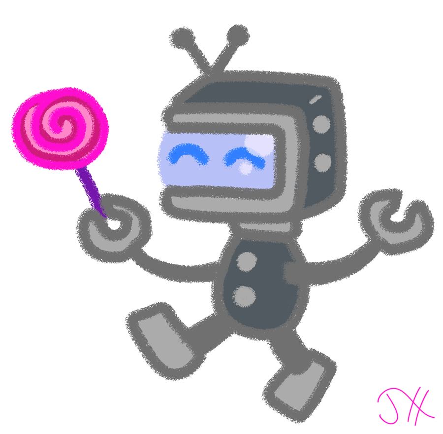 A drawing of a cute robot holding a lollipop.