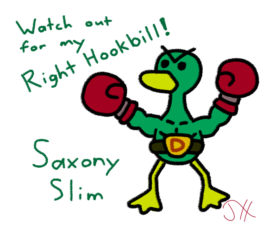 A green humanoid duck wearing boxing gloves named Saxony Slim. The caption reads 'Watch out for my Right Hookbill'.