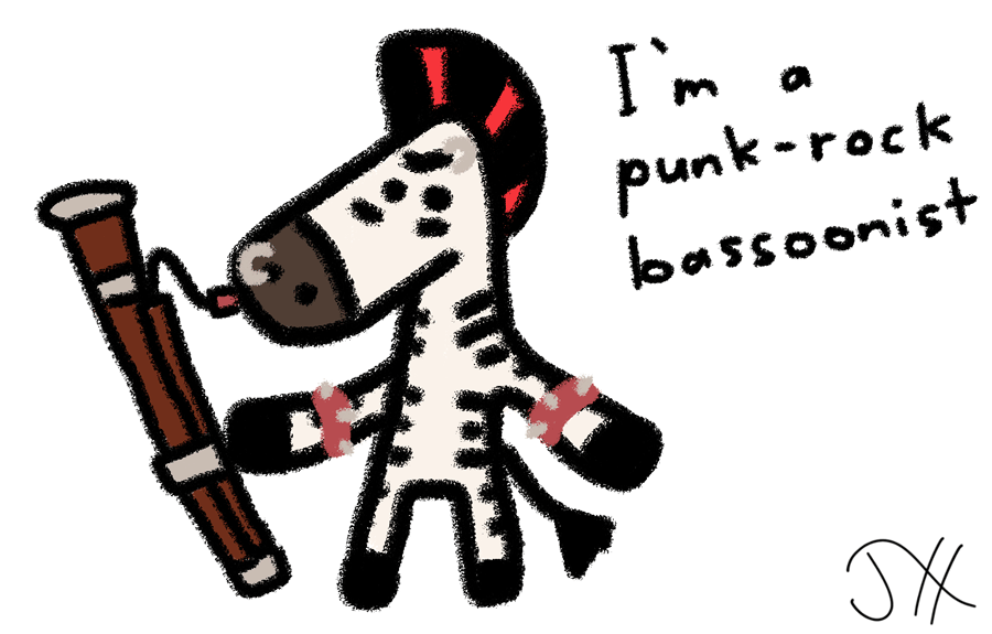 A zebra with a nose ring and spiked bracelets, holding a bassoon. The captain says 'I'm a punk-rock bassoonist'.