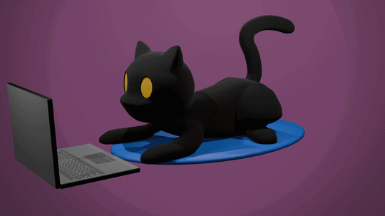 A 3D model of a black cat in front of a laptop.