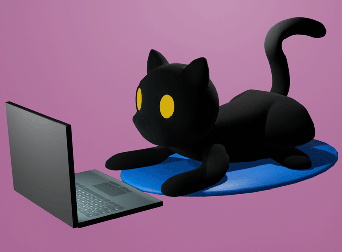 A 3D model of a black cat in front of a laptop.