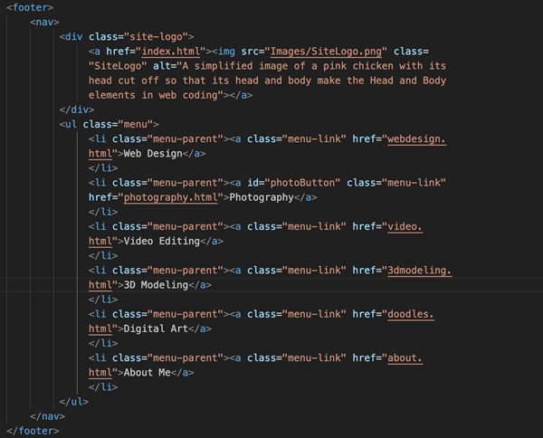 A segment of web coding used in the making of this website