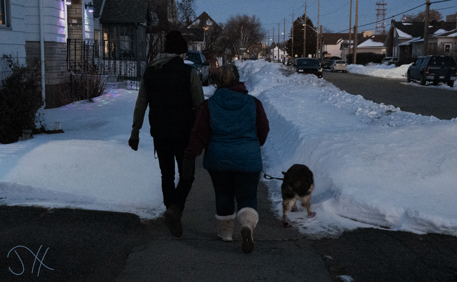 A couple walking their dog on a winter evening.