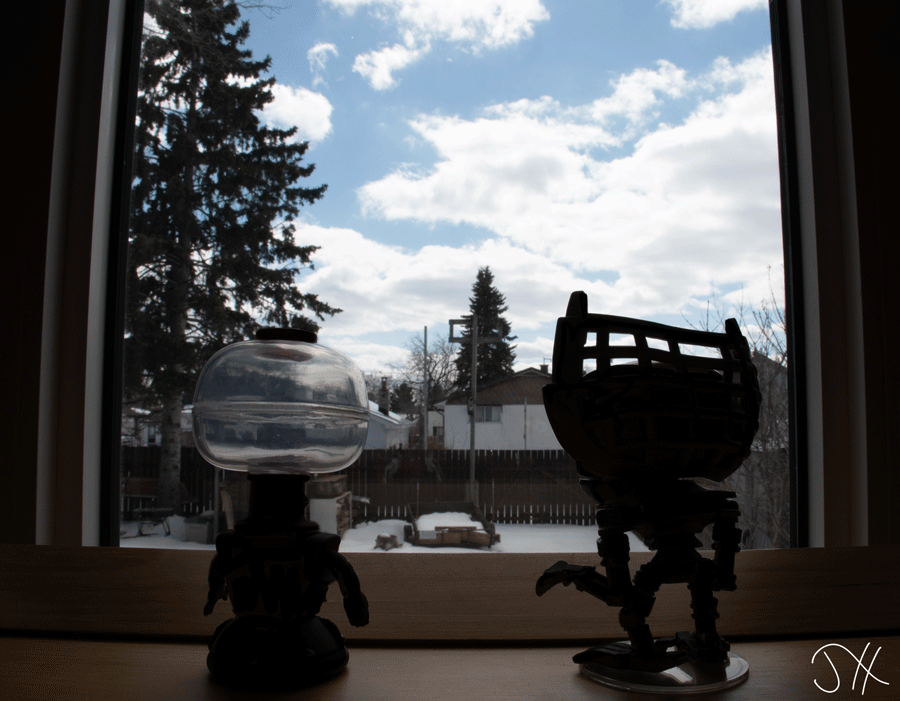 A photograph depicting toys of the characters Tom Servo and Crow T. Robot from the show Mystery Science Theater 3000 looking out a window in silhouette just as they do in the show.