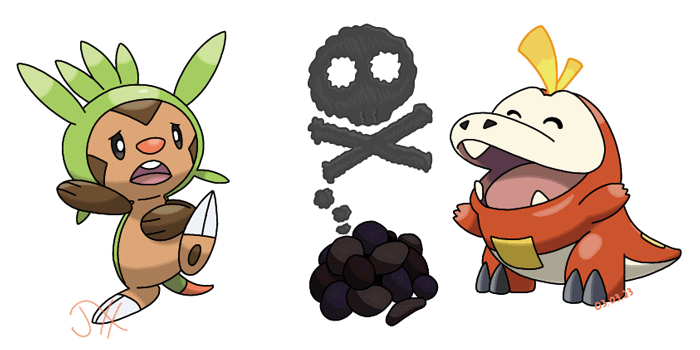 Chespin, a green and brown hedgehog Pokémon, recoils from a pile of burned berries offered happily by Fuecoco, a red fire-breathing crocodile.