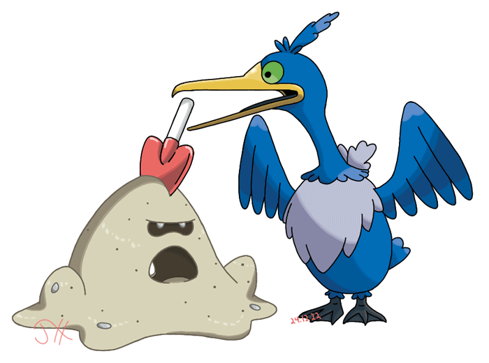 A drawing of the Pokémon Cramorant, a blue sea bird, trying to eat a toy shovel belonging to Sandygast, a sentient pile of sand.