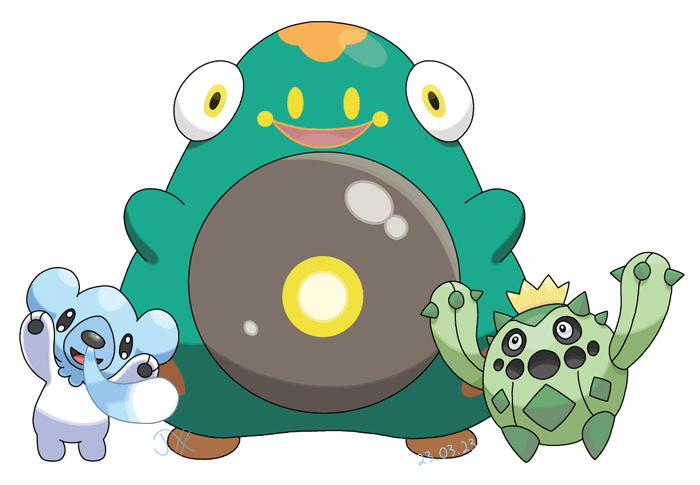 Bellibolt, a cartoon frog Pokémon with a dynamo on its stomach, Cubchoo, a polar bear cub with a frozen snot bubble, and Cacnea, a living cactus with a Jack-o-lantern face, pose together.