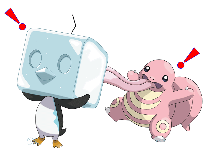 Likitung, a lizard-like Pokémon with a long tongue, has its tongue stuck to Eiscue, a Pokémon that looks like a penguin with its head encased in a large block of ice.