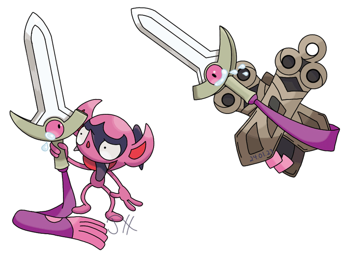 Impidimp, a pink and purple imp Pokémon, has stolen one of the blades of Doublade, a pair of living swords. The other sword cries without its partner