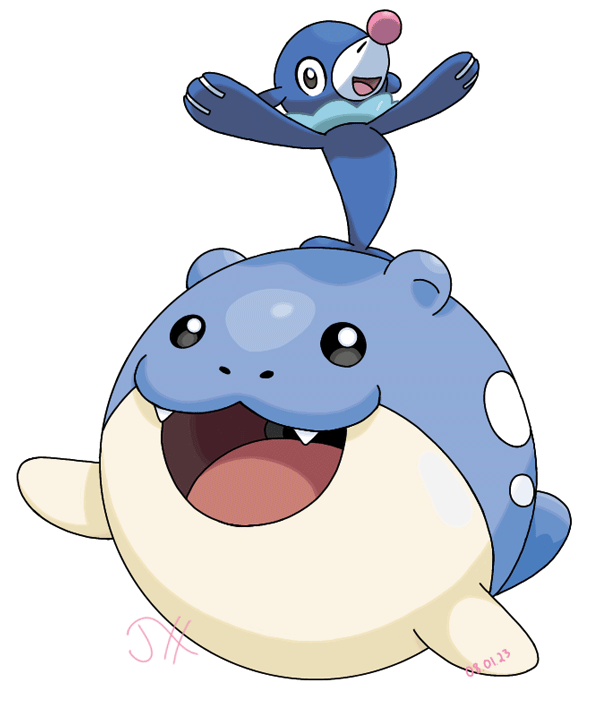 The seal Pokémon Popplio posing on the head of Spheal, another seal Pokémon with a round ball-like body.