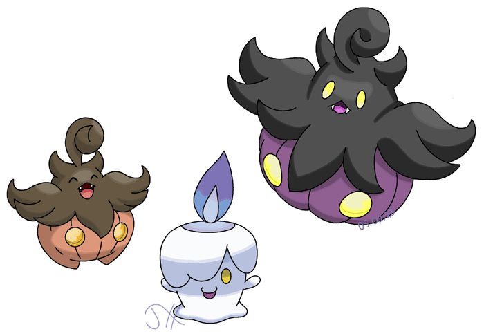 Two Pumpkaboo, Jack-o-lantern Pokémon, of different sizes float over Litwick, a living candle.