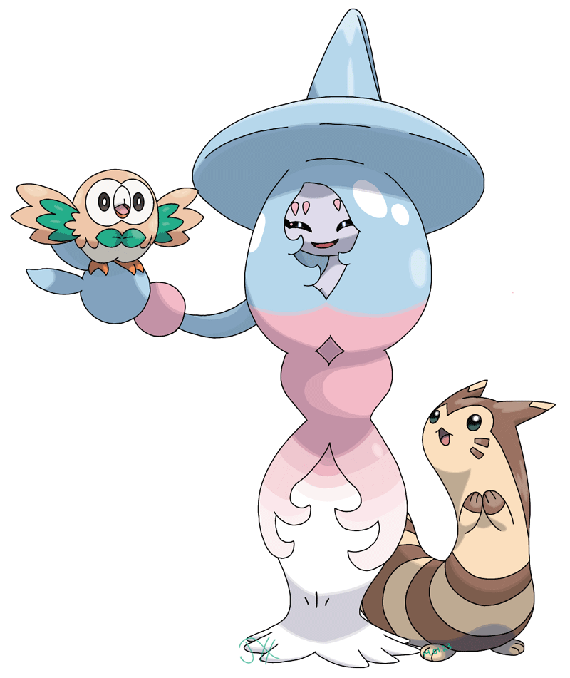 Hatterene, a Pokémon that looks like a witch with a hand on the end of its hat, holds the owl-like Pokémon Rowlet in its hand. Furret, a striped ferret Pokémon, sits at Hatterene's feet.