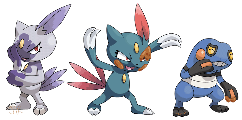 Croagunk, a frog-like Pokémon, giggles to itself after throwing mud at Sneasel, a black cat Pokémon with sharp claws. Sneasel prepares to attack in retaliation while a Hisuian Sneasel, which is grey and purple, sighs.