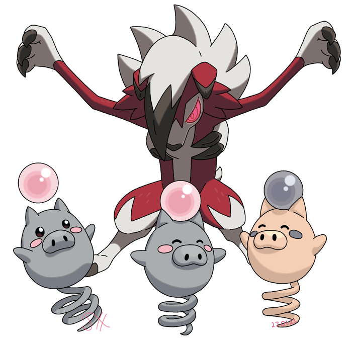 Three Spoink, pig Pokémon with large springs for tails instead of feet, bounce in the foreground. Two are happy, while only one notices the Midnight-Form Lycanroc, a red werewolf-like Pokémon, looms behind them.