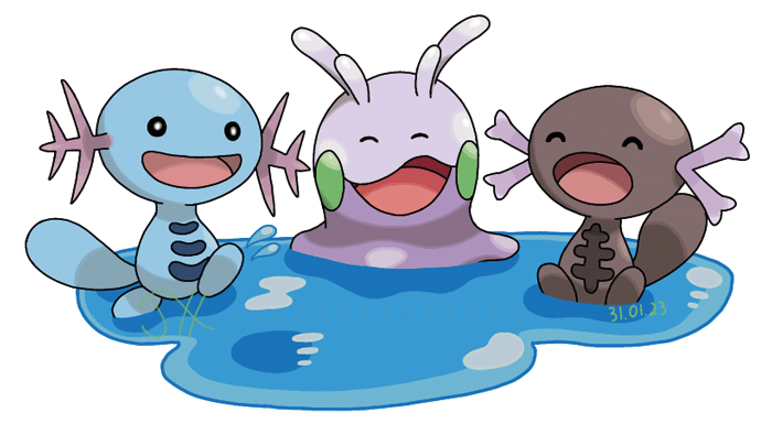 Johtonian Wooper, a blue amphibian, Paldean Wooper, a brown amphibian, and Goomy, a purple slug-like dragon, play happily in a puddle.