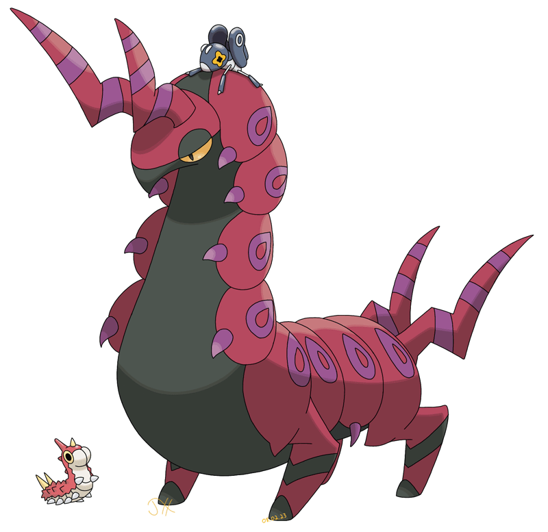Wurmple, a very small caterpillar Pokémon, wants to ride on the head of Scolipede, a gigantic centipede, like its friend Nymble, a small grasshopper.