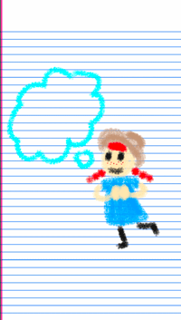 A screenshot from a video about Anne of Green Gables, featuring a crayon drawing of Anne with a large thought bubble.