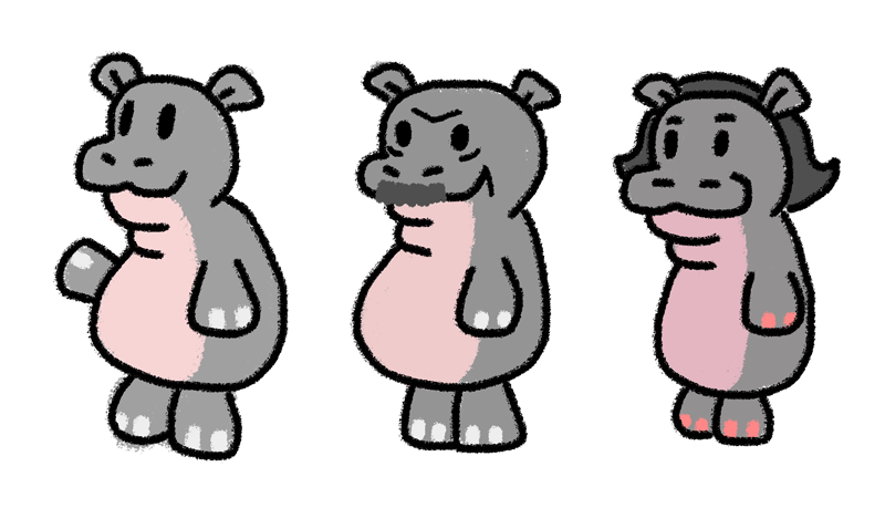 Three cartoon hippos.
