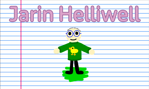 A screenshot from a demo reel featuring a self-portrait of Jarin Helliwell in the style of a child's doodle.