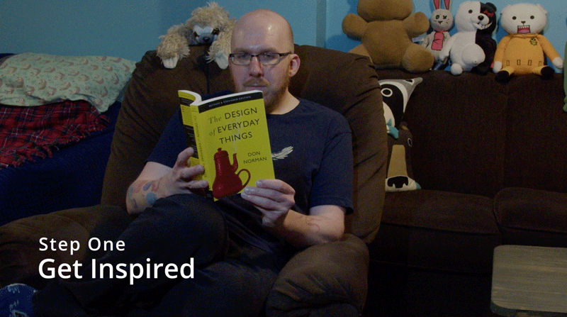 A screenshot from a video about how to write a script, featuring a man reading a book for research purposes.