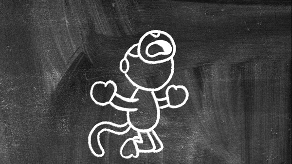 A screenshot from a video about library services featuring a chalk drawing of a sad monkey.