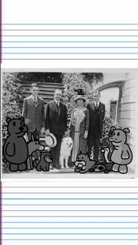A screenshot from a comedic historical video featuring an altered photo of Calvin Coolidge with several cartoon pets.