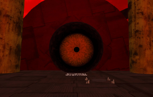 A screenshot from a Virtual Reality game featuring a path blocked by a giant eyeball.