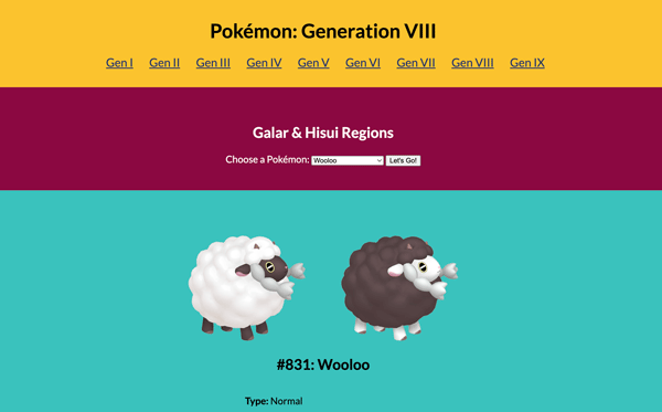 A screenshot of a fan website for learning about Pokémon.