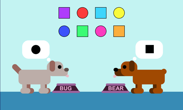 A screenshot of a very simply animated web game where one feeds two dogs either squares or circles.
