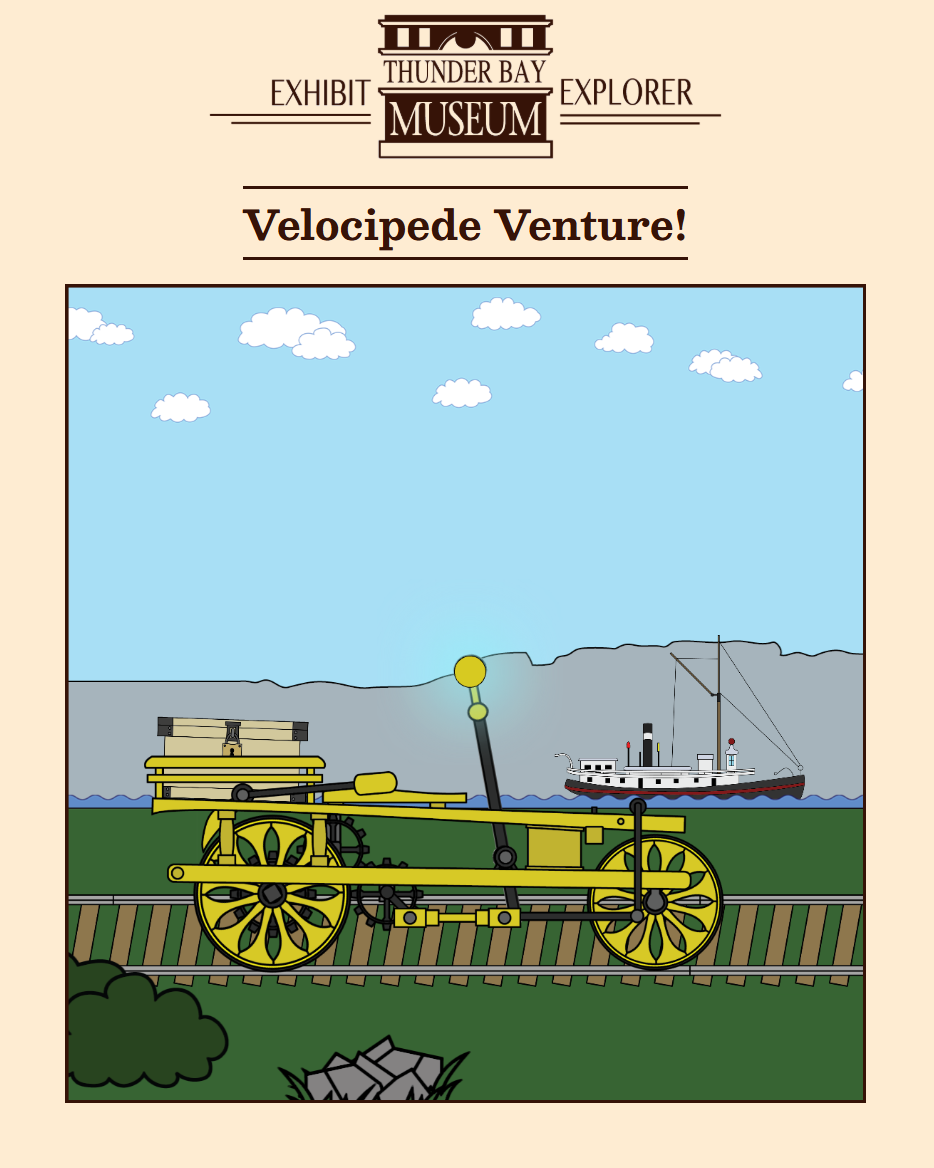 A screenshot of a webgame featuring a velocipede traveling along a train track in front of the Sleeping Giant.